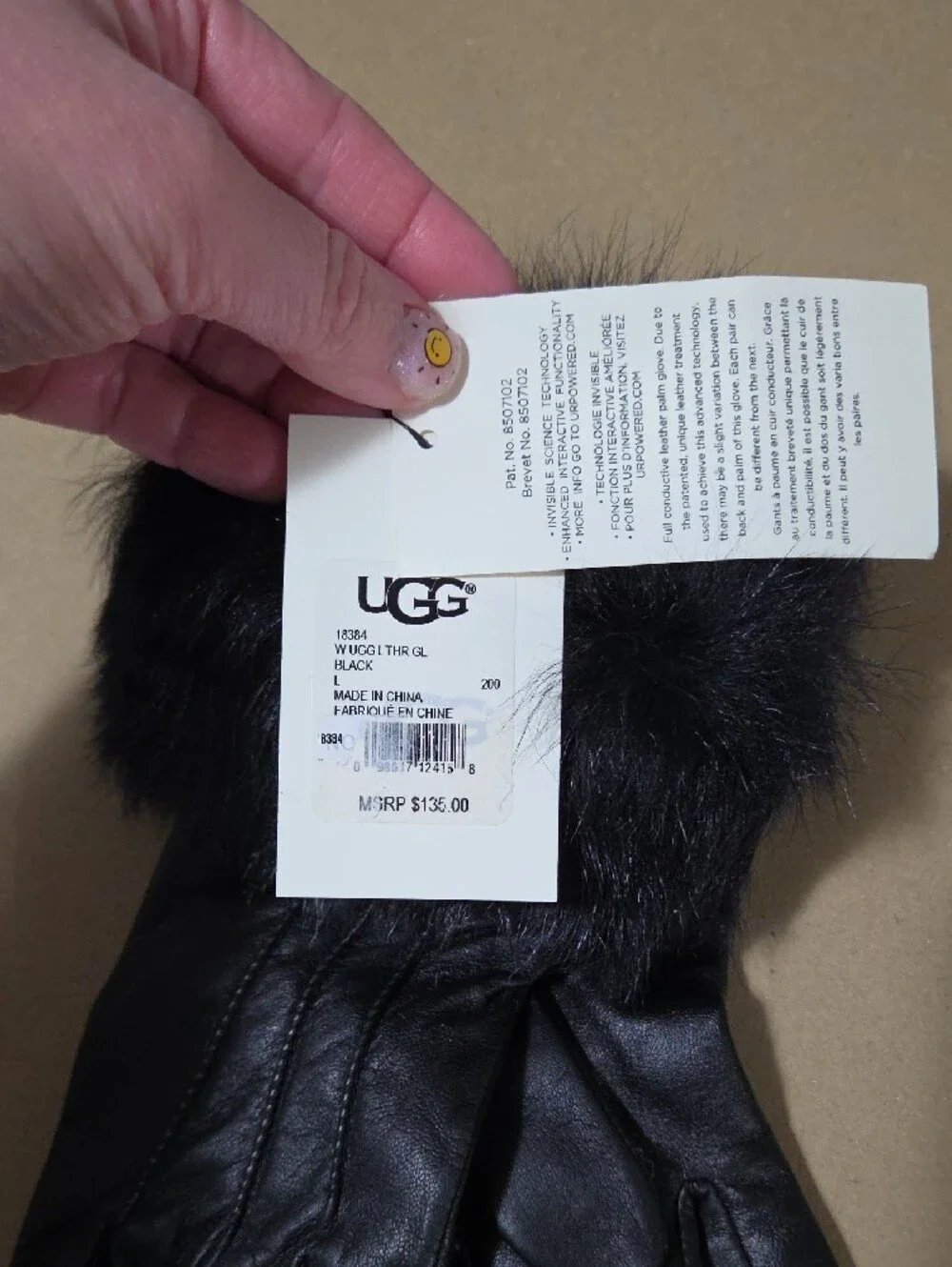 UGG Black Leather Gloves with Faux Fur Cuff